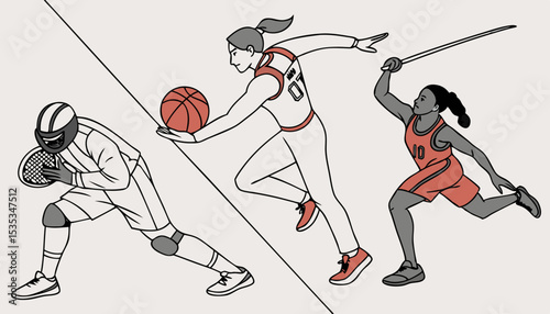 Multi-sport concept. Different kinds of professional athletes, activities mix composition. Group of sportsmen in action, movement. Fencing, gymnastics, basketball.