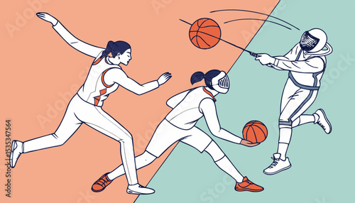 Multi-sport concept. Different kinds of professional athletes, activities mix composition. Group of sportsmen in action, movement. Fencing, gymnastics, basketball.