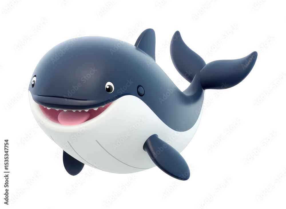 Naklejka premium Cute cartoon whale with a happy smile and blue fin