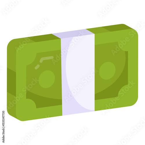Stack of Green Paper Currency Money Bills Bundle Tied with White Band Isometric Icon Wealth Investment Savings Finance