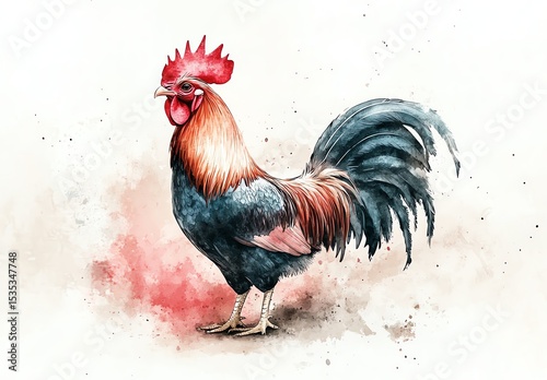 Illustration of a proud rooster with vibrant feathers.