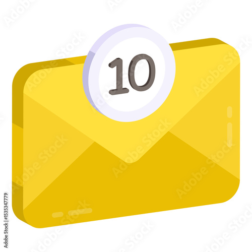 Isometric Yellow Envelope Icon with Notification Badge Displaying Ten Unread Messages Represents Communication and Digital Inbox