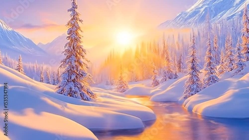 Sunlight glowing above snow-covered forest and river stream in serene winter mountain valley. Nature concept