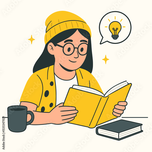 Flat Style Girl Reading a Book with Lightbulb Icon Representing Ideas and Learning vector Illustration
