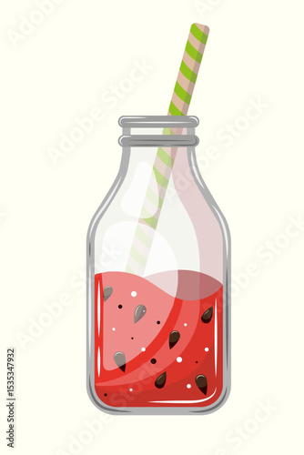Watermelon Juice Glass Bottle. Summer Vacation Fruits Drink Vector Design. PNG. Transparent Background