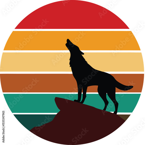 Dog vector silhouette howling on cliff with retro striped sunset