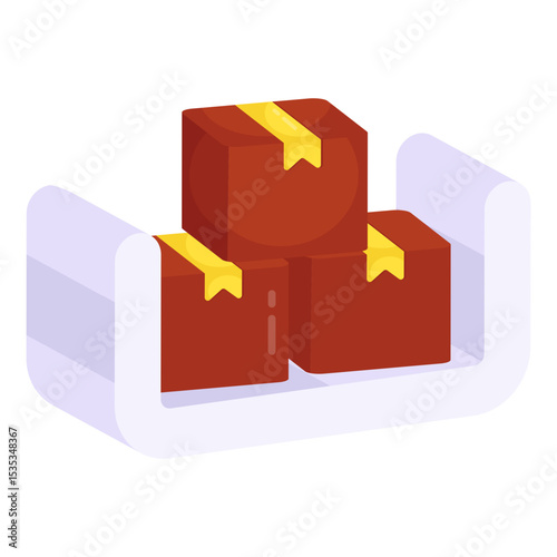 Stacked Brown Cardboard Boxes with Yellow Tape on White Shelf Isometric Illustration for Storage Delivery and Organization