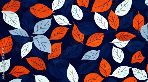 Graphic design with orange, white, and blue autumn leaves on a dark background