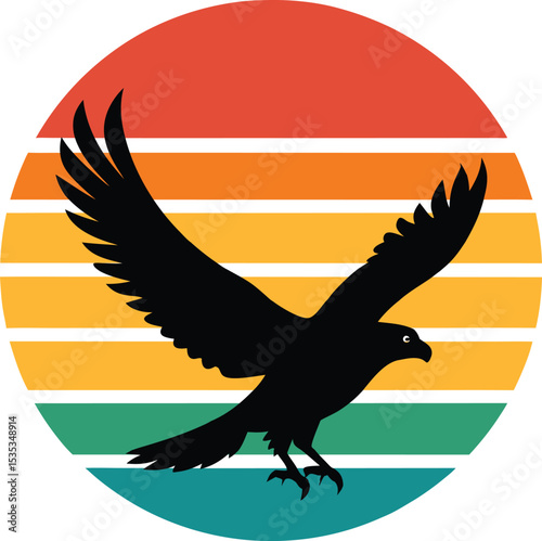 Hawk vector silhouette in flight on retro striped sunset