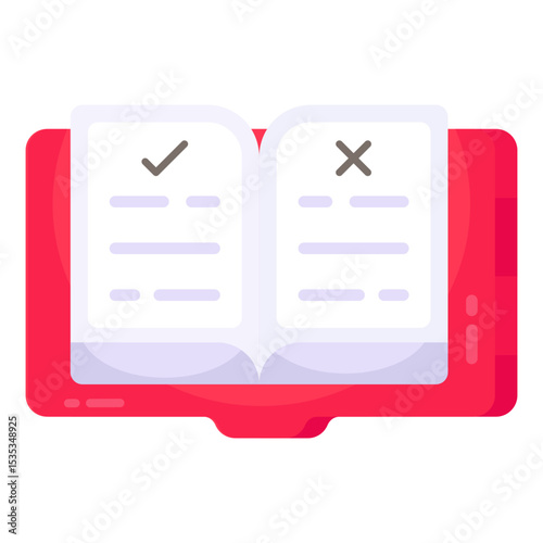 Digital Book Displaying Checkmark and Cross Symbolizing Correct Incorrect Answers on a Tablet Device for Online Education