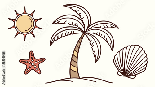Hand drawn summer vacation elements including sun palm tree starfish and seashell vector art