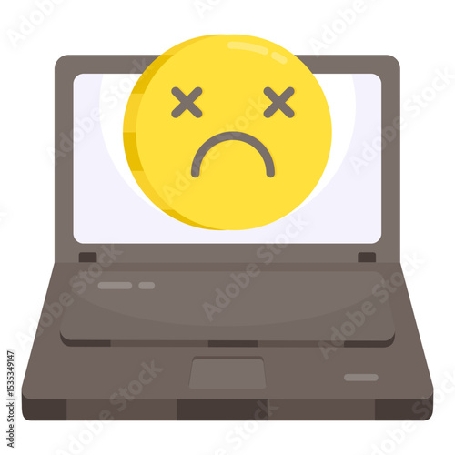 Broken Laptop with Sad Face Icon Displaying Computer Problem Error Failure or System Crash and Electronic Device Malfunction on Screen