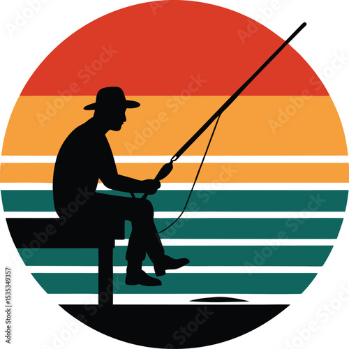 Man vector silhouette fishing on retro striped sunset