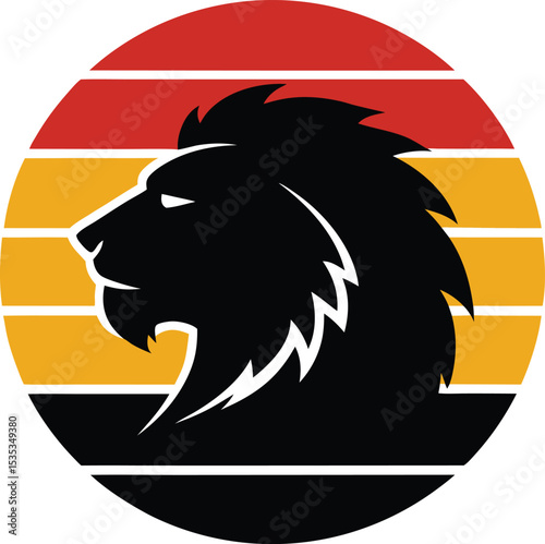 Lion head vector silhouette with retro striped sunset