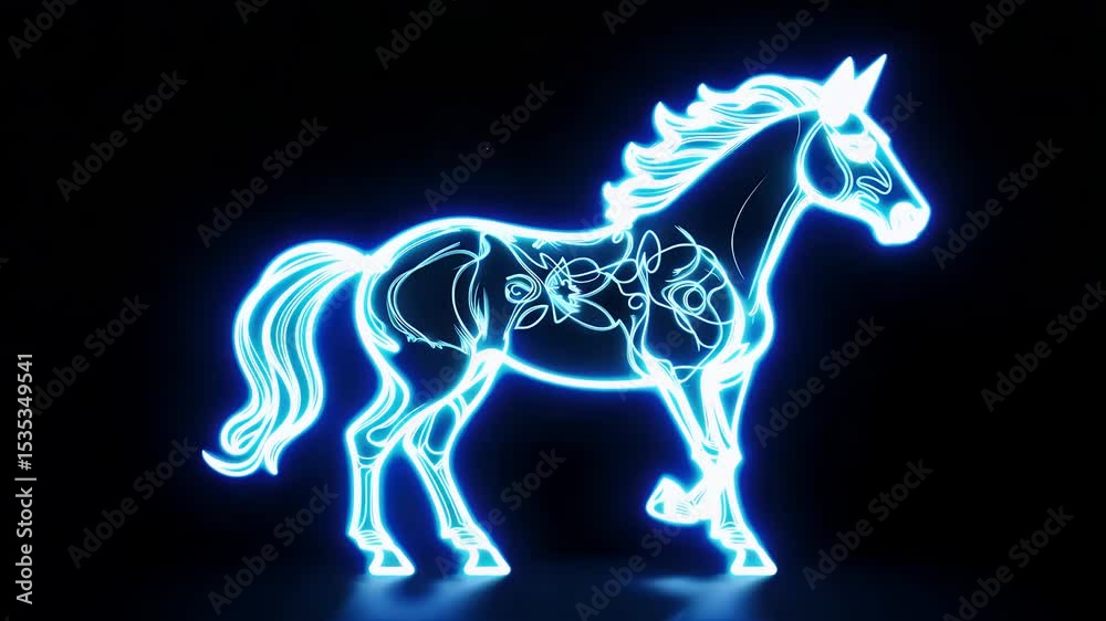 Mythic unicorn outline glistens animated wireframe stripes that pulse electric turquoise under black void delivering party flyers children’s content fantasy fashion brands magical K emblem glittering