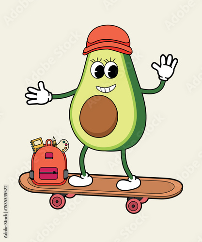 Flat Design Illustration with Fun Avocado and a Skateboard