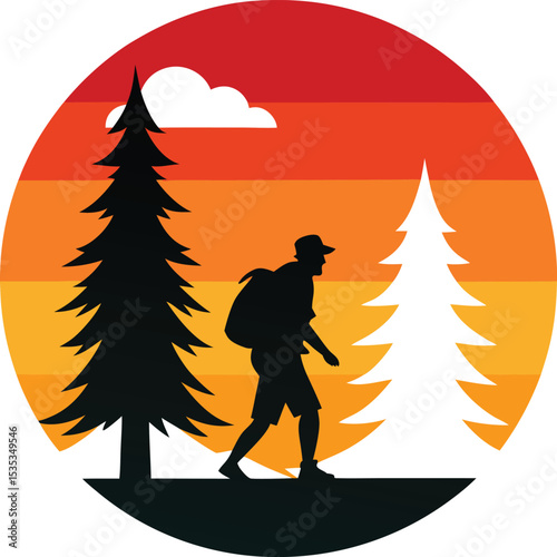 Hiker vector silhouette on retro sunset with pine trees