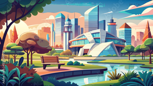 Modern architecture rises beside a peaceful park, blending nature with urban sophistication. The city skyline shimmers in daylight, reflecting across a vibrant landscape filled with trees, benches, an