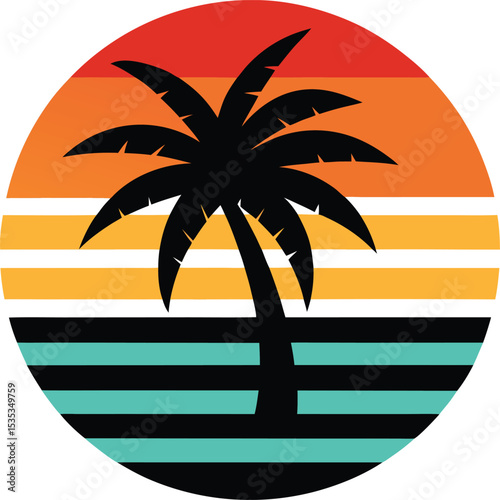 Palm island vector silhouette on retro striped sunset