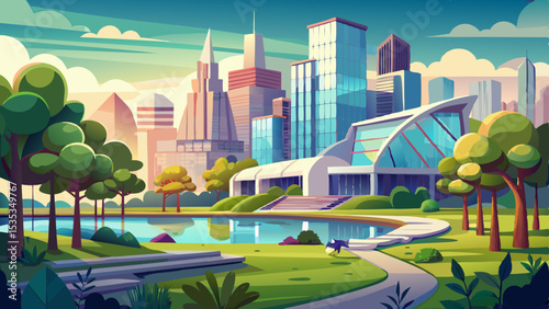 Modern architecture rises beside a peaceful park, blending nature with urban sophistication. The city skyline shimmers in daylight, reflecting across a vibrant landscape filled with trees, benches, an