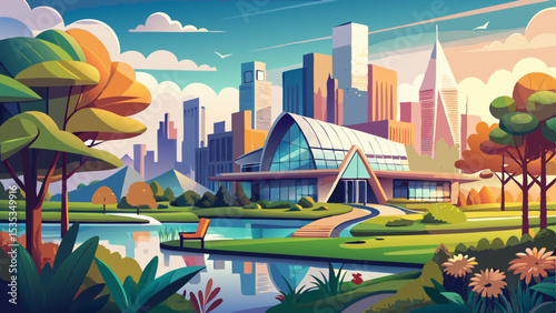 Modern architecture rises beside a peaceful park, blending nature with urban sophistication. The city skyline shimmers in daylight, reflecting across a vibrant landscape filled with trees, benches, an