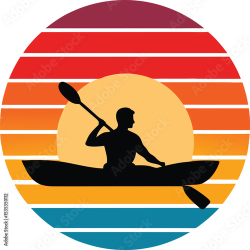 Kayaker vector silhouette on striped retro sunset