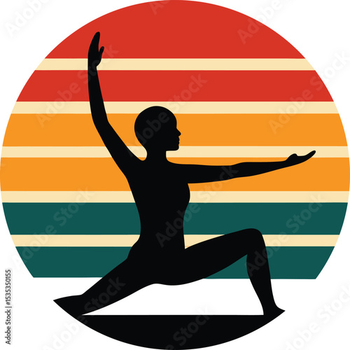 Yoga pose vector silhouette on vintage retro sunset