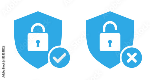 Security shield with Lock and unlock icon set in blue color. Shield icon for security, privacy, access denied and approved vector illustration.