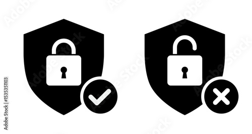 Security shield with Lock and unlock icon set in black and white color. Shield icon for security, privacy, access denied and approved vector illustration.