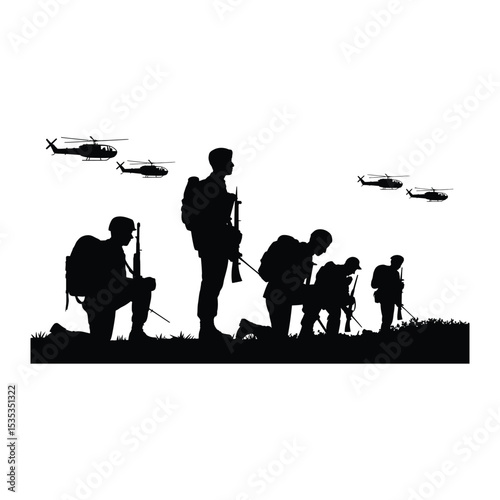 Silhouette of soldiers kneeling on the ground and helicopters in the sky