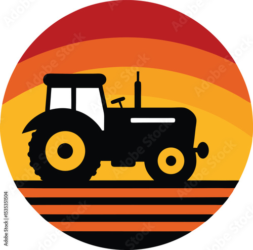 Tractor vector silhouette on  retro triped sunset