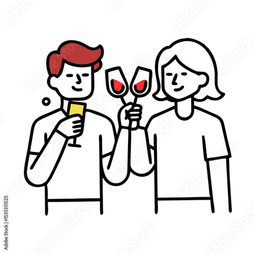 Two friends clinking glasses of red wine and champagne in a celebration moment on a minimalistic background

