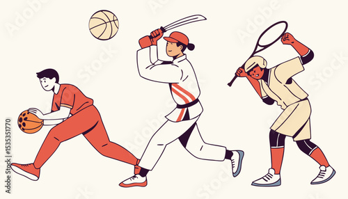 Athletes and sports set. Professional football, basketball, tennis, soccer, rugby players, boxing, gymnastics, karate, track and field sportsmen                     flat vector illustration           