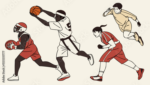 Athletes and sports set. Professional football, basketball, tennis, soccer, rugby players, boxing, gymnastics, karate, track and field sportsmen                     flat vector illustration           