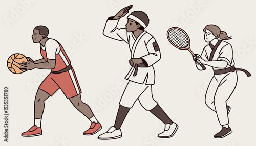 Athletes and sports set. Professional football, basketball, tennis, soccer, rugby players, boxing, gymnastics, karate, track and field sportsmen                     flat vector illustration           
