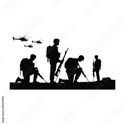 Silhouette of soldiers with helicopters landing or taking off during military operation