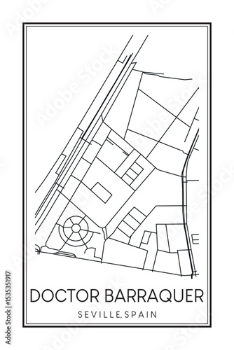Hand drawn printable downtown road map poster of district DOCTOR BARRAQUER of the Spanish city of SEVILLE on solid white background with city name