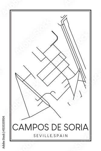 Hand drawn printable downtown road map poster of district CAMPOS DE SORIA of the Spanish city of SEVILLE on solid white background with city name