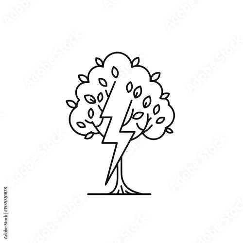 Tree with lightning bolt illustration in simple line art style  
