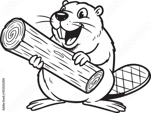 A black and white cartoon sketch of a beaver holding a log cartoon, sketch, black and white, black outline