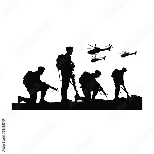 Silhouette of soldiers kneeling with helicopters overhead during military operation