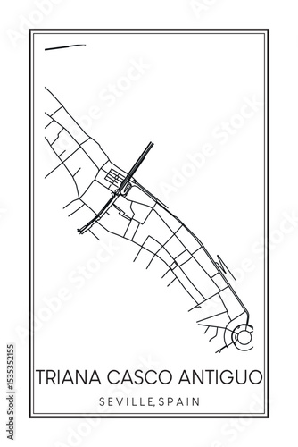 Hand drawn printable downtown road map poster of district TRIANA CASCO ANTIGUO of the Spanish city of SEVILLE on solid white background with city name