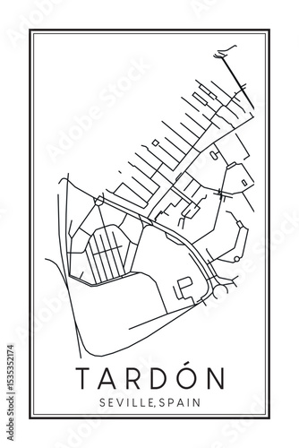 Hand drawn printable downtown road map poster of district TARDÓN of the Spanish city of SEVILLE on solid white background with city name
