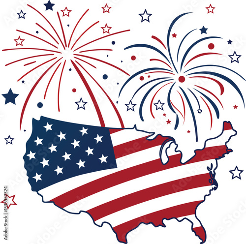 USA Map Formed with Fireworks – Minimal Independence Day Vector, 4th of july fireworks isolated on white background, celebration, wallpaper, modern, 
border, vector for social media posts, website,