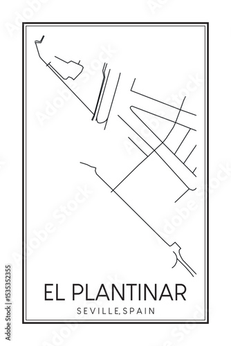 Hand drawn printable downtown road map poster of district EL PLANTINAR of the Spanish city of SEVILLE on solid white background with city name