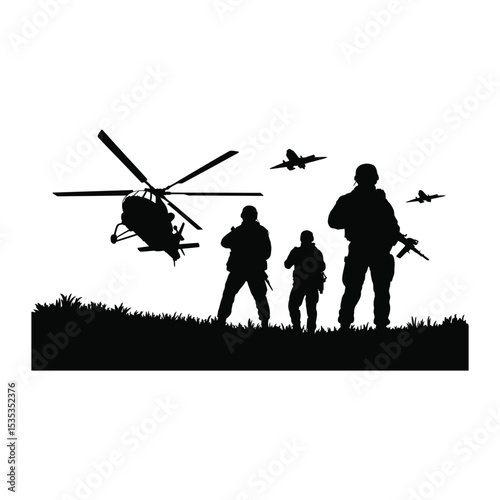 Silhouetted soldiers deployed with aircraft and helicopter in black and white vector illustration