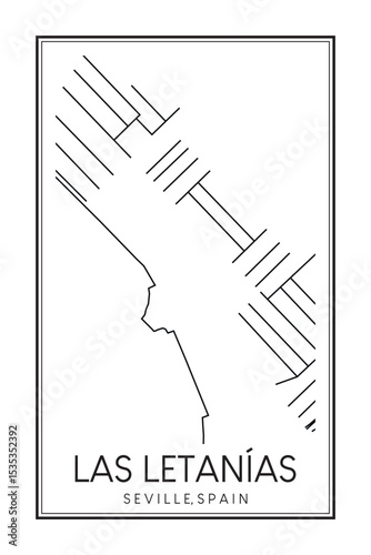 Hand drawn printable downtown road map poster of district LAS LETANÍAS of the Spanish city of SEVILLE on solid white background with city name