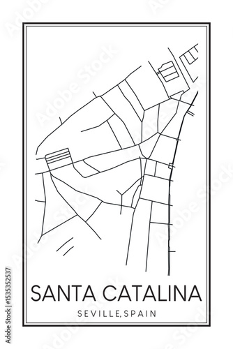 Hand drawn printable downtown road map poster of district SANTA CATALINA of the Spanish city of SEVILLE on solid white background with city name