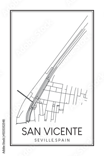 Hand drawn printable downtown road map poster of district SAN VICENTE of the Spanish city of SEVILLE on solid white background with city name