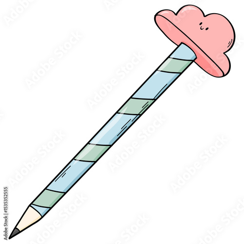 Hand drawn cute pencil with eraser school supplies doodle, stationery cartoon element for school stickers, prints, cards, posters, banners decor